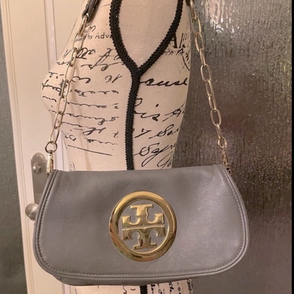 Tory Burch Leather Flap Purse & Convertible Clutch Gray with Gold Chain - Picture 6 of 16